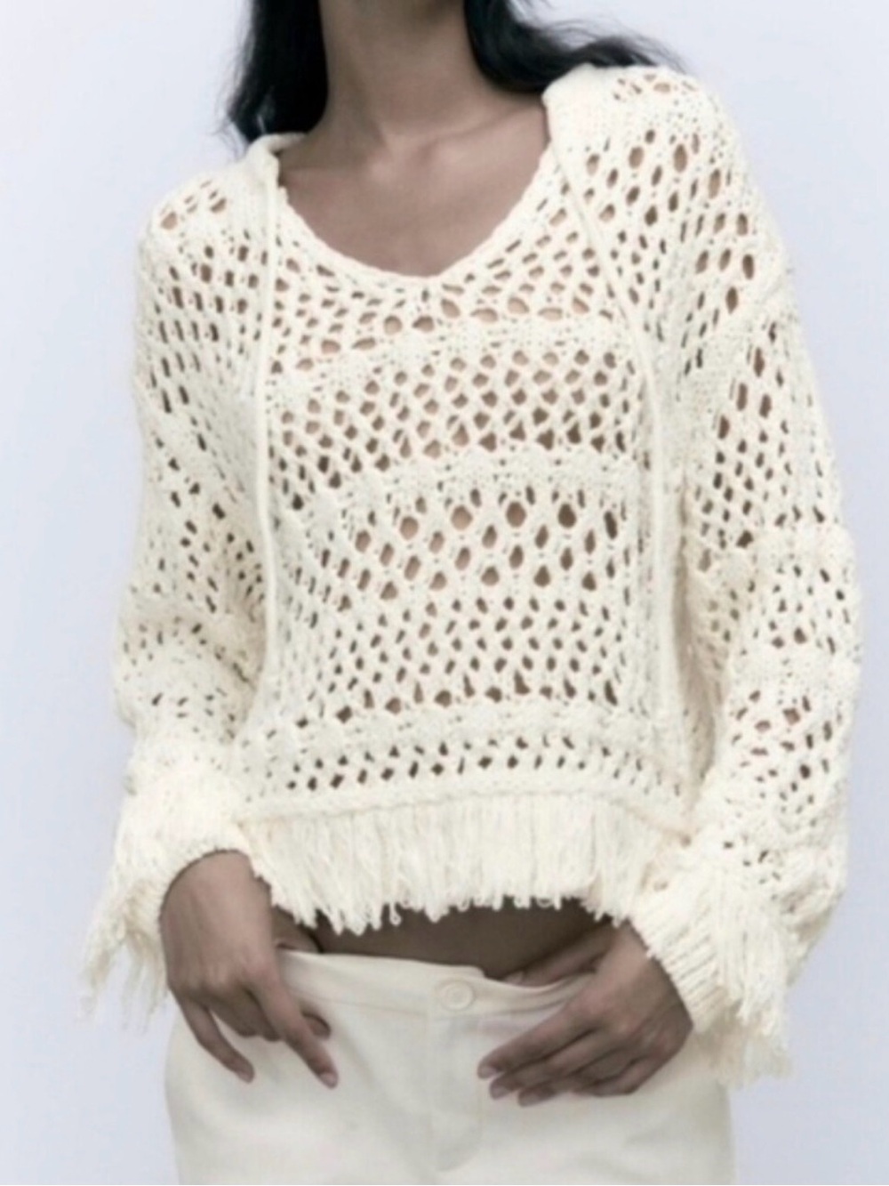 Zara Fringe Crochet Sweater Top Open Knit V-Neck Tassel Boho Beach Shirt